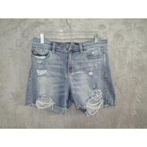 Judy Blue Distressed Denim Shorts Size L Paint Splatter High Rise Cutoff Y2K Sty